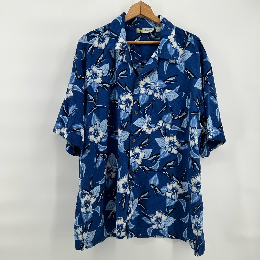 Island Blue Hawaiian Shirt Men XL Short‎ Sleeve Aloha Camp Blue White Floral